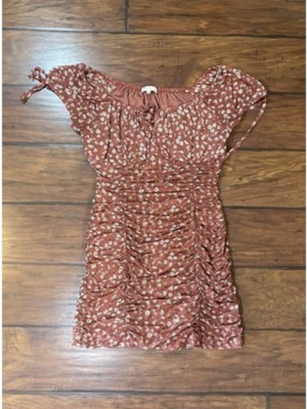 Womens Size XL Ruched Brown Floral Dress Mini Y2K Cottagecore Coquette Fairy Dol